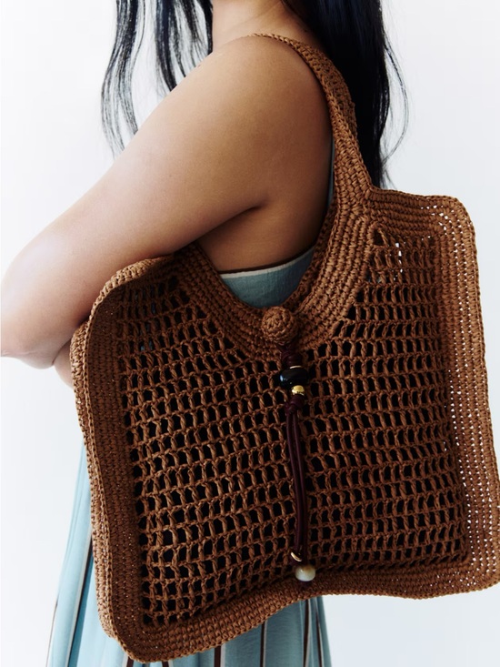 H&M Handbags - H&M Brown Crochet Shoulder Tote with Tassel Accent